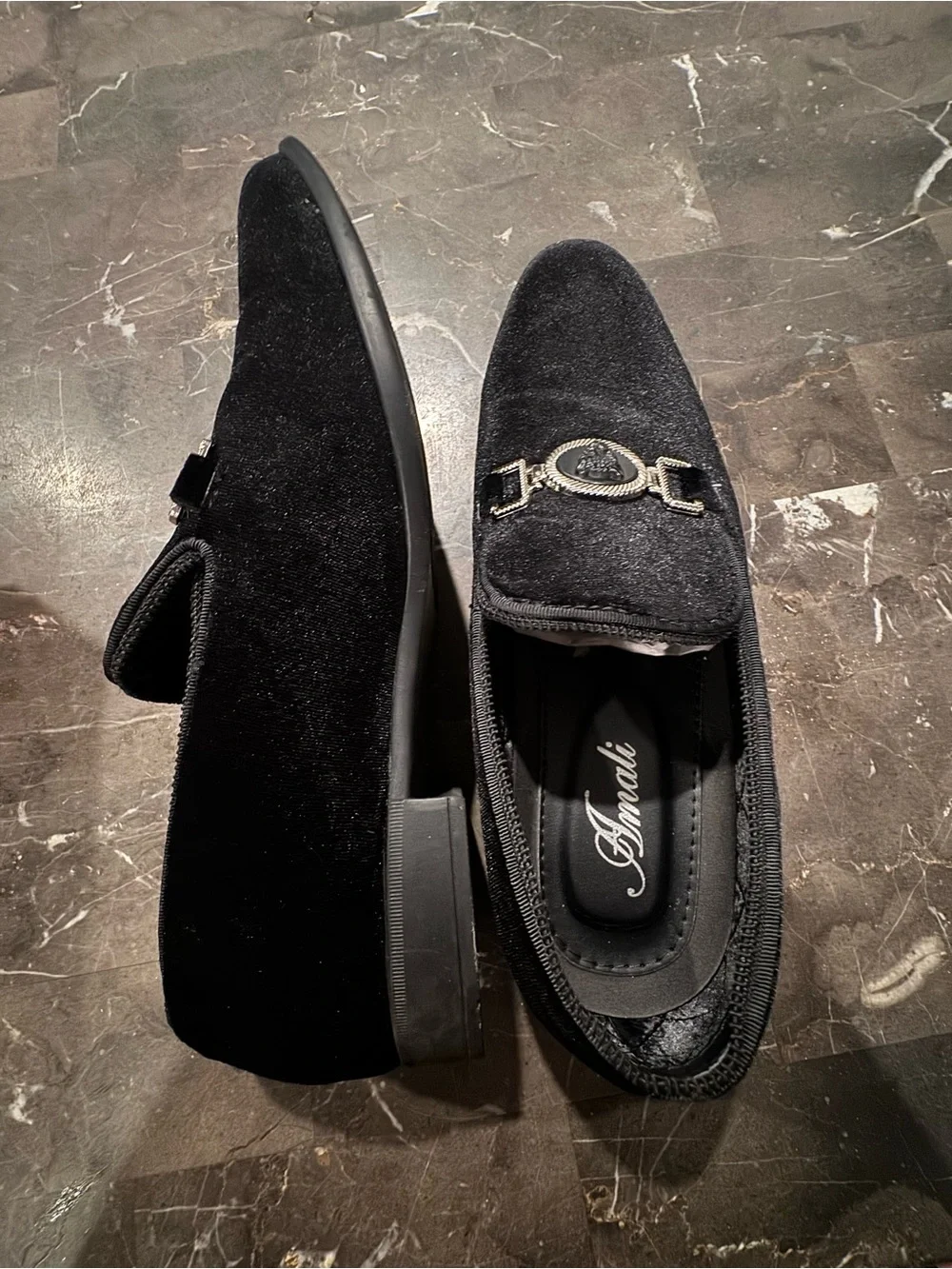 Men's Black Velvet Slip-On with Silver Medallion